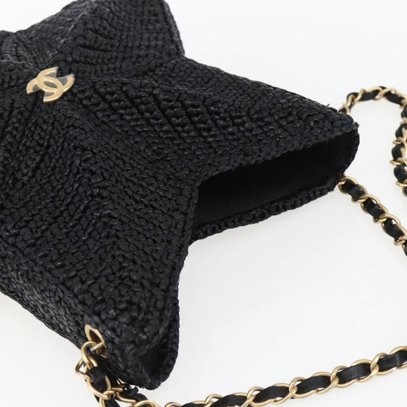 CHANEL Ketting Schoudertas Raffia 2-weg Zwart Goud CC Auth 169908SM