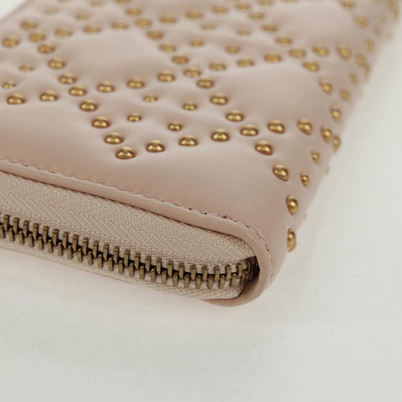 Christian Dior Cannage Studs Long Wallet Lamb Skin Pink Gold Auth 169933M