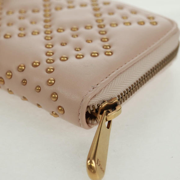Christian Dior Cannage Studs Long Wallet Lamb Skin Pink Gold Auth 169933M