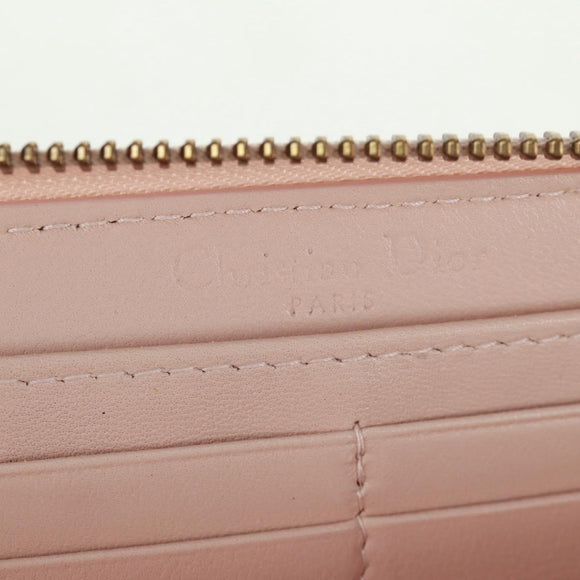 Christian Dior Cannage Studs Long Wallet Lamb Skin Pink Gold Auth 169933M
