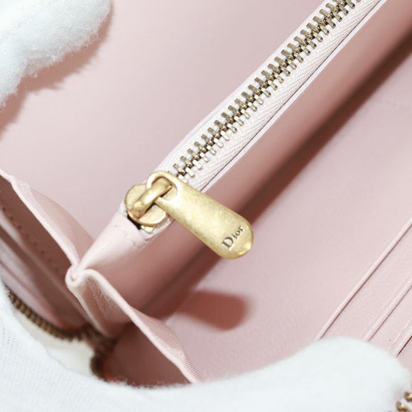 Christian Dior Cannage Studs Long Wallet Lamb Skin Pink Gold Auth 169933M