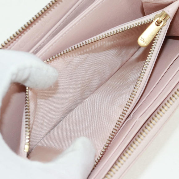 Christian Dior Cannage Studs Long Wallet Lamb Skin Pink Gold Auth 169933M