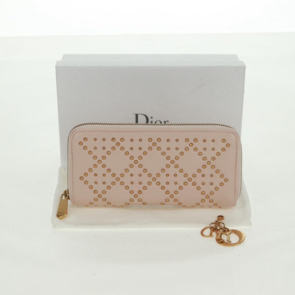 Christian Dior Cannage Studs Long Wallet Lamb Skin Pink Gold Auth 169933M