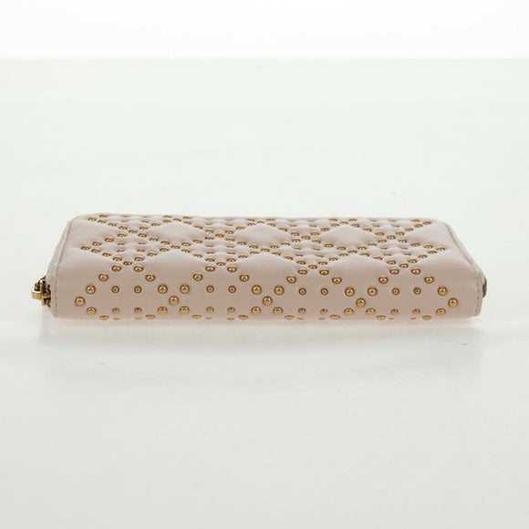 Christian Dior Cannage Studs Long Wallet Lamb Skin Pink Gold Auth 169933M