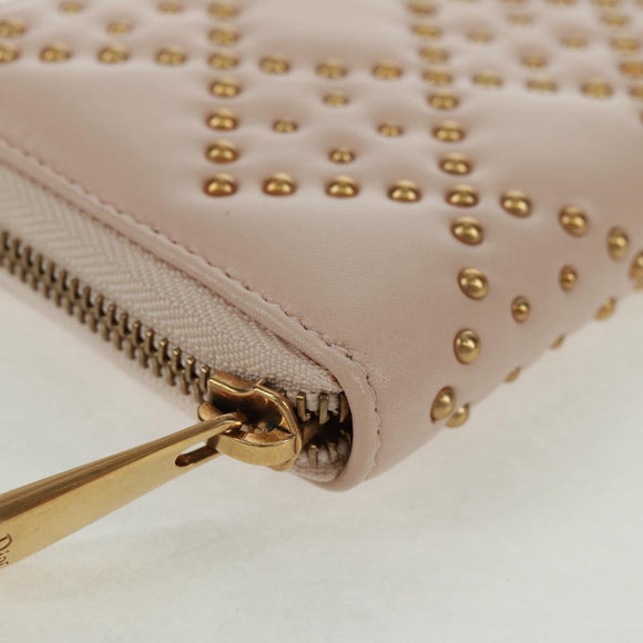 Christian Dior Cannage Studs Long Wallet Lamb Skin Pink Gold Auth 169933M