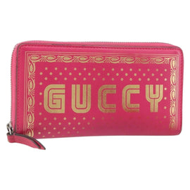 GUCCI GUCC Logo Zip Around Wallet Leather Pink Silver 524966 Auth 169937