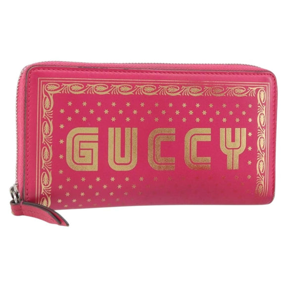 GUCCI GUCC Logo Zip Around Wallet Leather Pink Silver 524966 Auth 169937