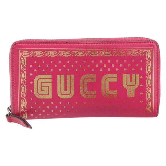GUCCI GUCC Logo Zip Around Wallet Leather Pink Silver 524966 Auth 169937