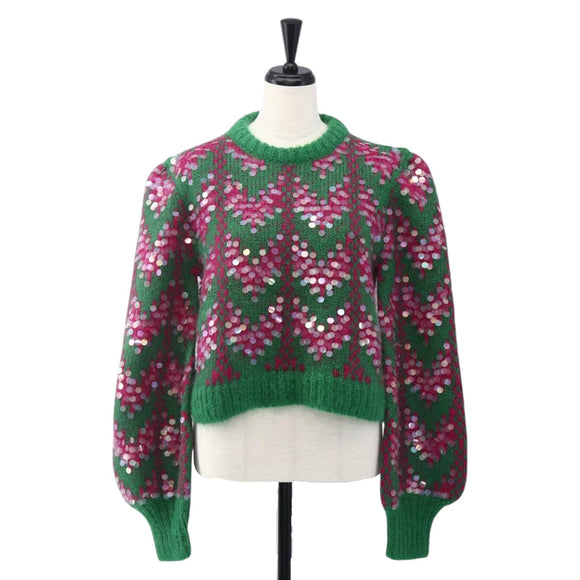 GUCCI Chevron Sequin Knit Sweater Wool Green 713233 Auth 169947V
