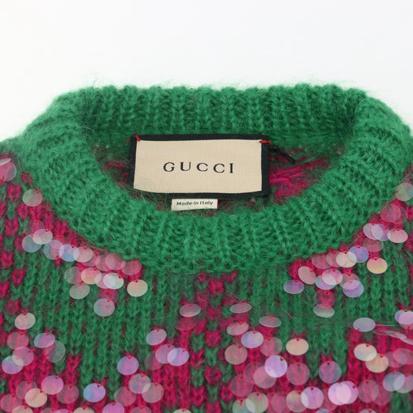 GUCCI Chevron Sequin Knit Sweater Wool Green 713233 Auth 169947V