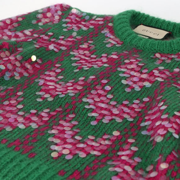 GUCCI Chevron Sequin Knit Sweater Wool Green 713233 Auth 169947V