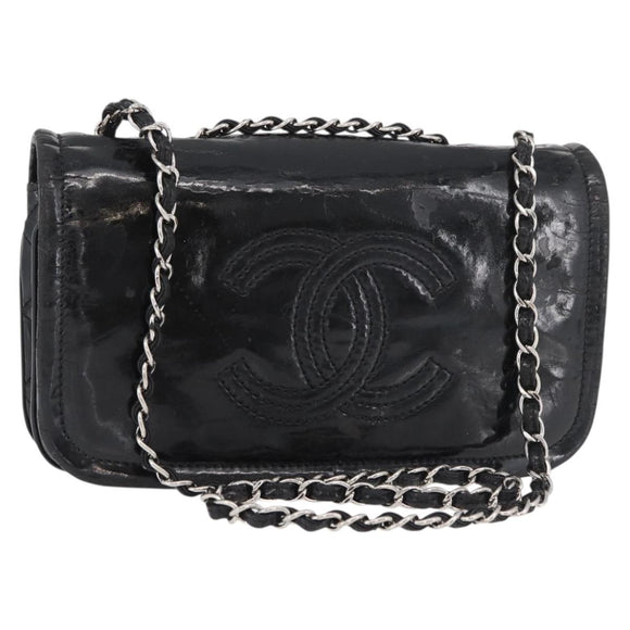 CHANEL COCO Mark Chain Shoulder Bag Patent leather Black Silver CC Auth 170006