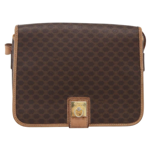 CELINE Macadam Canvas Umhängetasche PVC Leder Braun Gold Auth 170071
