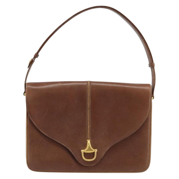 GUCCI Shoulder Bag Leather Brown Gold Auth 170074