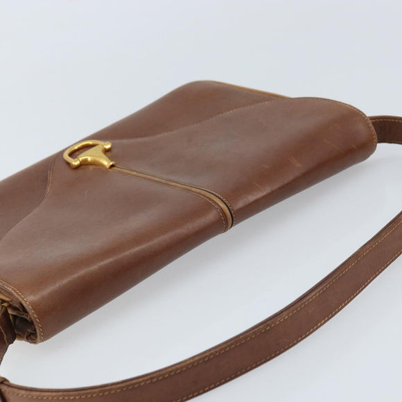 GUCCI Shoulder Bag Leather Brown Gold Auth 170074