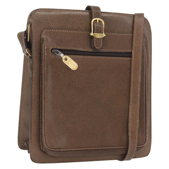 GUCCI Shoulder Bag Leather Brown Gold Auth 170114