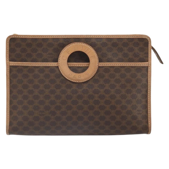 CELINE Macadam Canvas Clutch Bag PVC Leather Brown Gold Auth 170117
