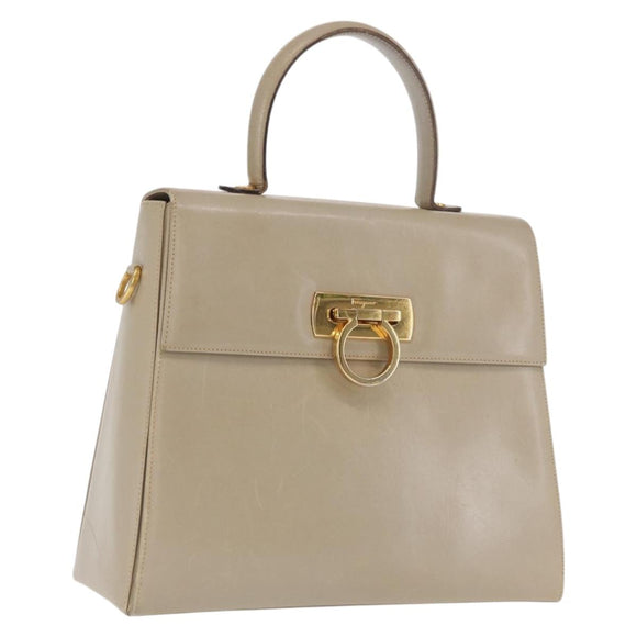 Salvatore Ferragamo Gancini Hand Bag Leather Beige Gold Auth 170123
