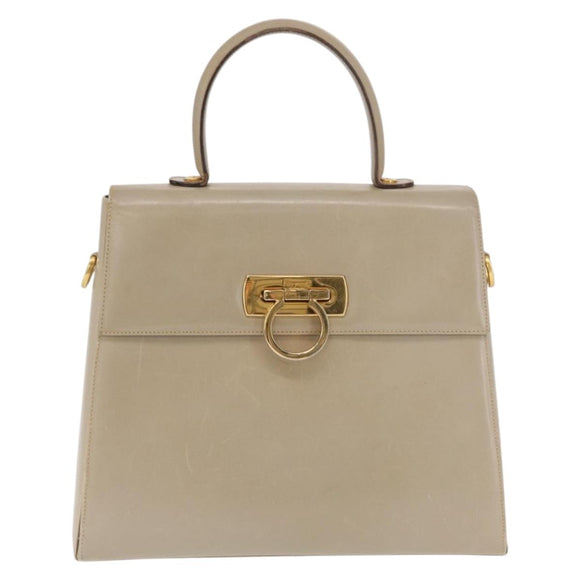 Salvatore Ferragamo Gancini Hand Bag Leather Beige Gold Auth 170123