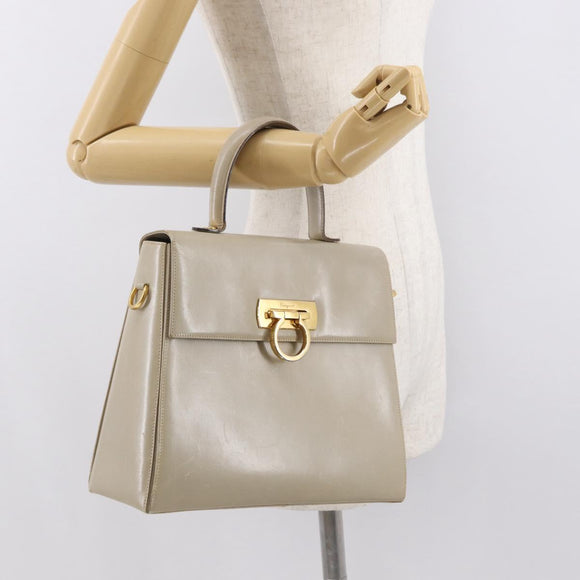 Salvatore Ferragamo Gancini Hand Bag Leather Beige Gold Auth 170123