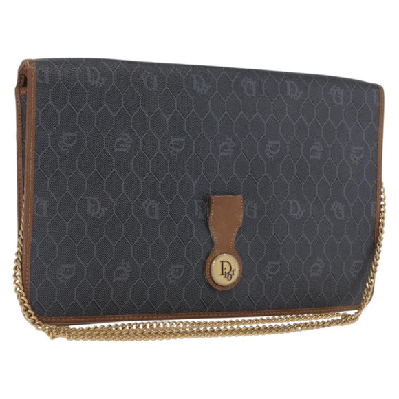 Christian Dior Honeycomb Canvas Chain Shoulder Bag PVC Black Gold Auth 170125