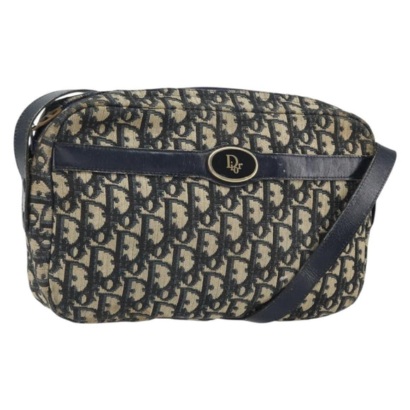 Christian Dior Trotter Canvas Shoulder Bag Navy Gold Auth 170261