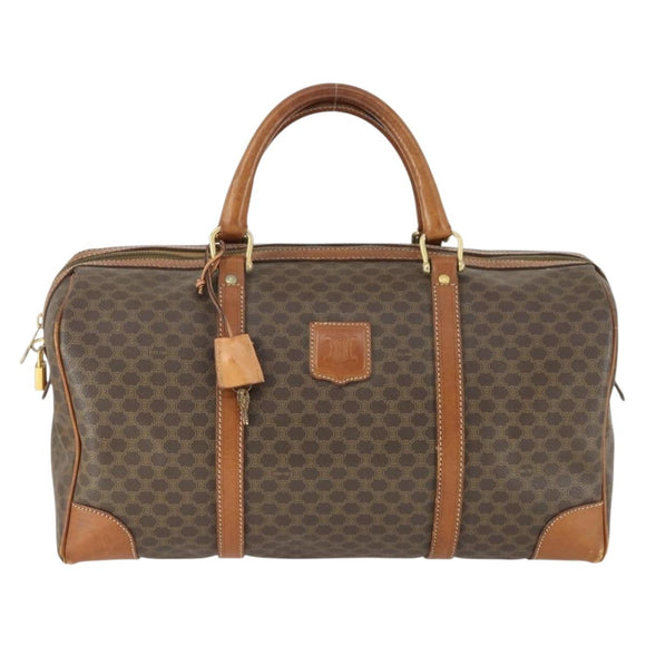 CELINE Macadam Canvas Boston Bag PVC Leather Brown Gold Auth 170283