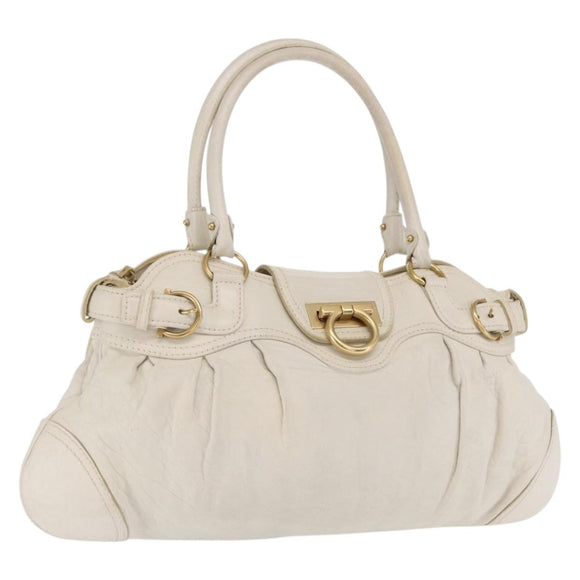Salvatore Ferragamo Gancini Hand Bag Leather White Gold Auth 170332