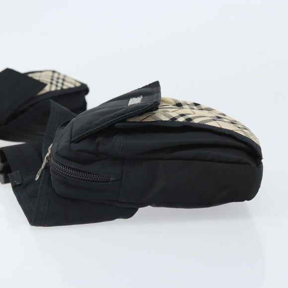 BURBERRY Nova Check Zwart label Taille tas Nylon Beige Zilver Auth 170337