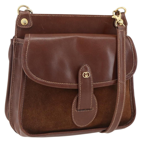 GUCCI Shoulder Bag Leather Suede Brown Gold Auth 170340