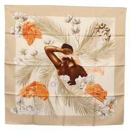 HERMES Carre 90 Scarf ""TURBANS DES REINES"" Silk Beige Auth 170357V