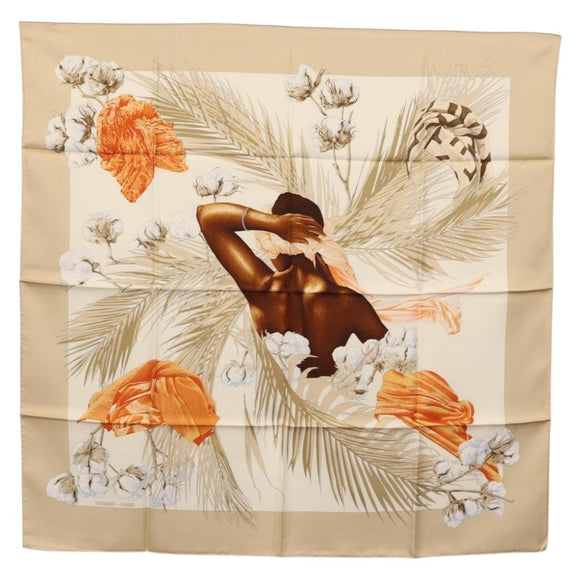 HERMES Carre 90 Scarf ""TURBANS DES REINES"" Silk Beige Auth 170357V