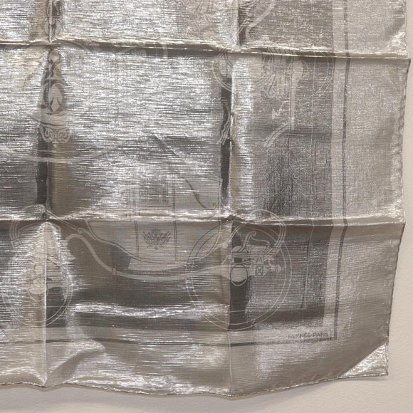 HERMES Carregram 70 Scarf ""EX LIBRIS"" Silk Silver Auth 170361