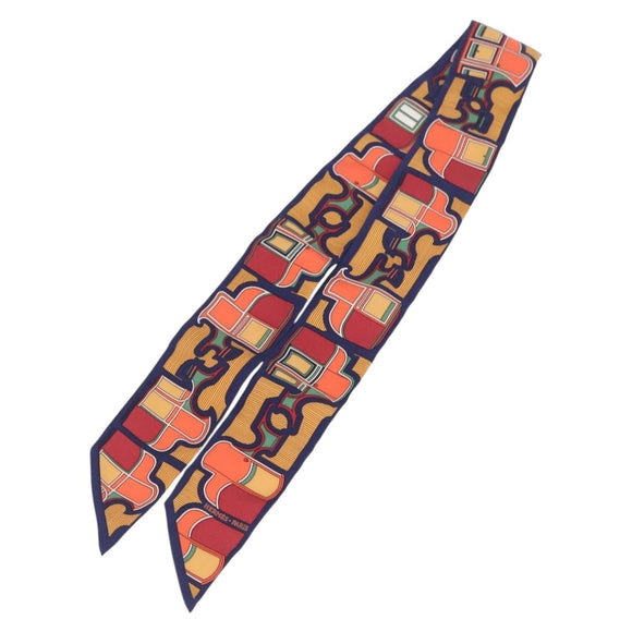 HERMES Twilly Scarf Horse Carriage Silk Navy Auth 170363V