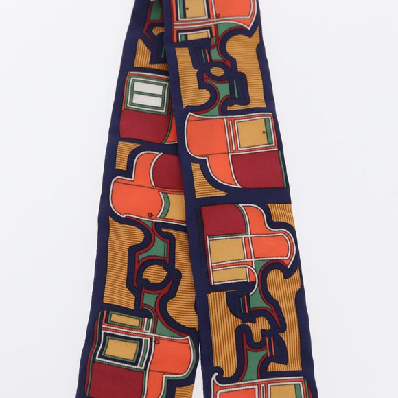 HERMES Twilly Scarf Horse Carriage Silk Navy Auth 170363V
