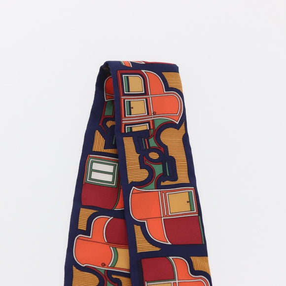 HERMES Twilly Scarf Horse Carriage Silk Navy Auth 170363V