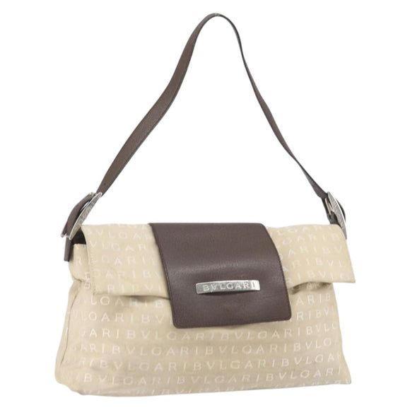 BVLGARI Logo Mania Shoulder Bag Canvas Beige Silver Auth 170371