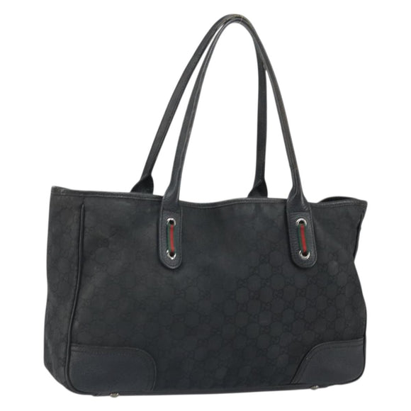 GUCCI GG Canvas Web Sherry Line Tote Bag Black Silver Red 293592 Auth 170377