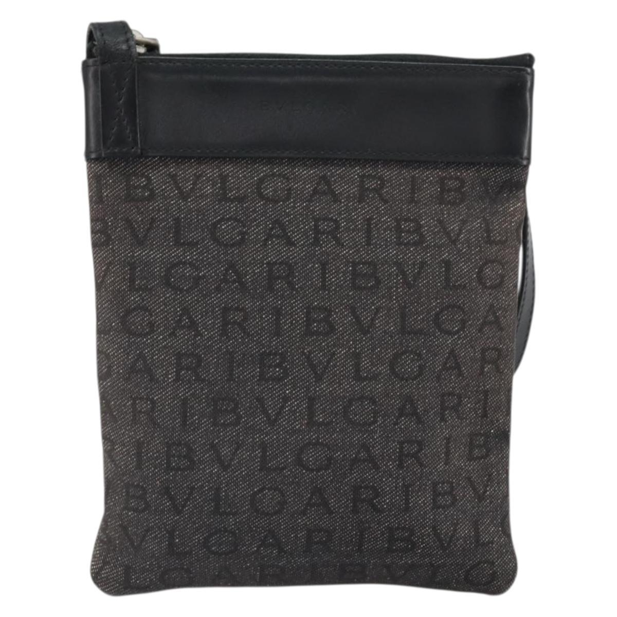 BVLGARI✨️Logo Mania Pouch Pen Case BK BVLGARI Logo Mania Shoulder Bag Canvas Black Silver Auth 170379
