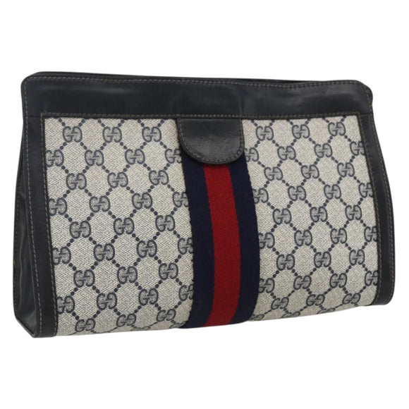 GUCCI GG Supreme Sherry Line Clutch Bag PVC Navy Red Auth 170386