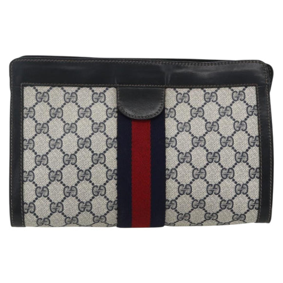 GUCCI GG Supreme Sherry Line Clutch Bag PVC Navy Red Auth 170386