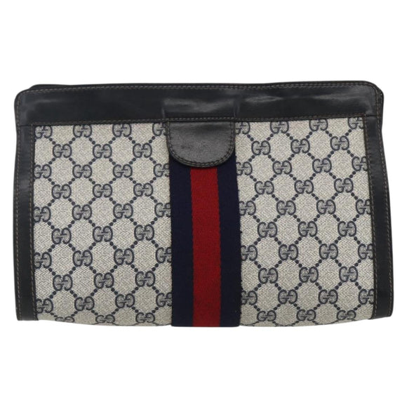 GUCCI GG Supreme Sherry Line Clutch Bag PVC Navy Red Auth 170386