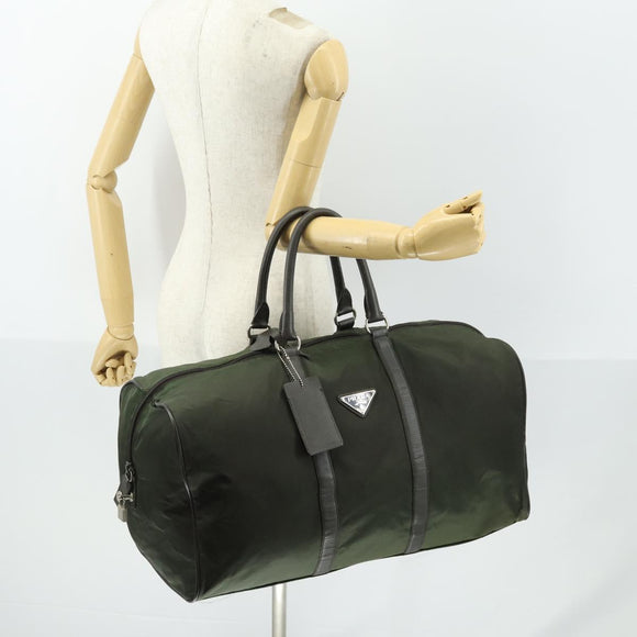 PRADA Boston Bag Nylon Khaki Silver Auth 170405