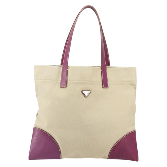 PRADA Tote Bag Canvas Beige Silver Auth 170406