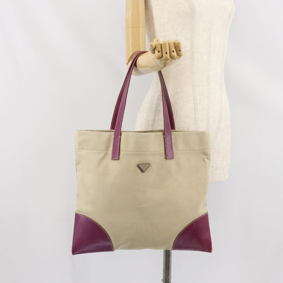 PRADA Tote Bag Canvas Beige Silver Auth 170406