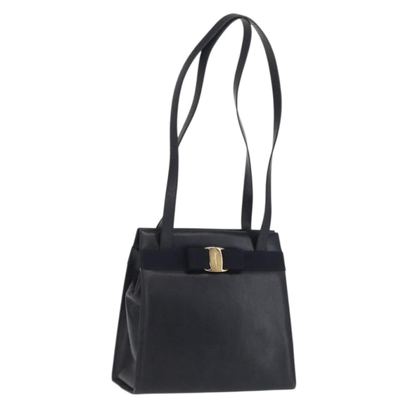 Salvatore Ferragamo Vala Ribbon Shoulder Bag Leather Navy Gold Auth 170410