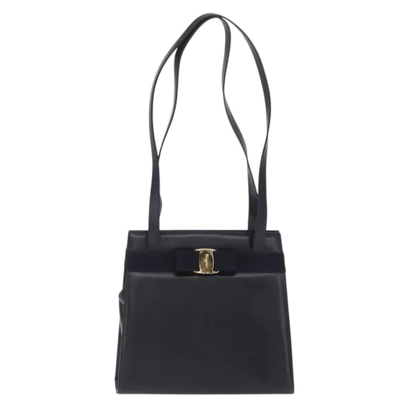 Salvatore Ferragamo Vala Ribbon Shoulder Bag Leather Navy Gold Auth 170410