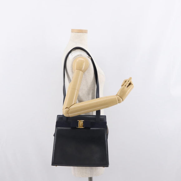 Salvatore Ferragamo Vala Ribbon Shoulder Bag Leather Navy Gold Auth 170410