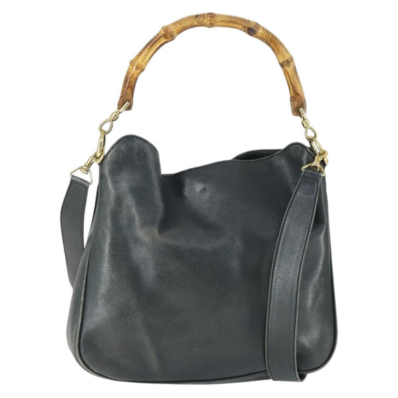 GUCCI Bamboo Hand Bag Leather 2way Black Gold 001 2113 1638 Auth 170415