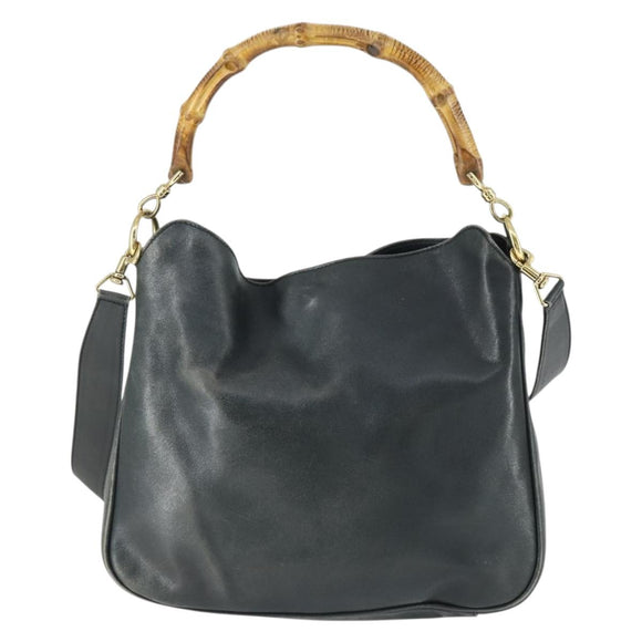 GUCCI Bamboo Hand Bag Leather 2way Black Gold 001 2113 1638 Auth 170415
